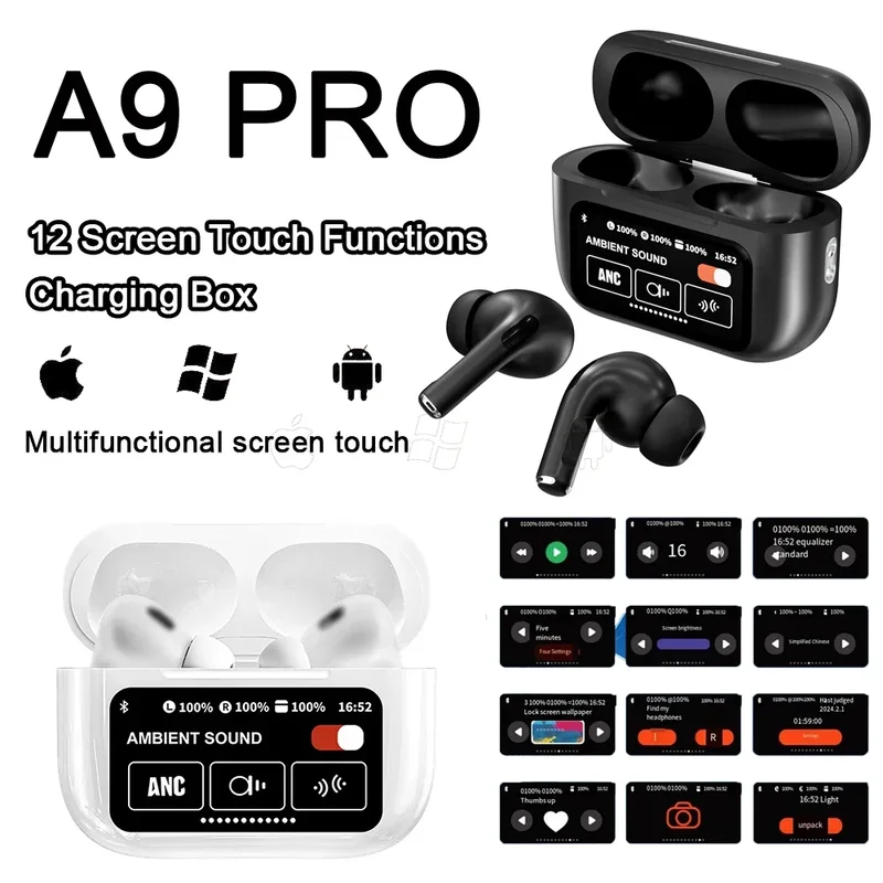 ZENX new LED touchscreen a9pro wireless Bt headphone TWS earphones visible active noise cancellation sport earphone