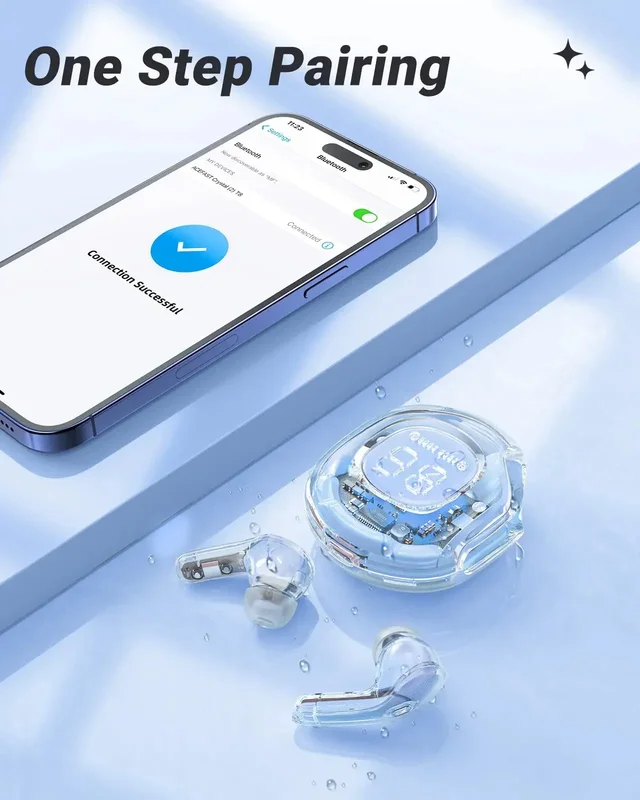 Wireless Bt headset transparent headphones led power digital display stereo sound earphones for sports working
