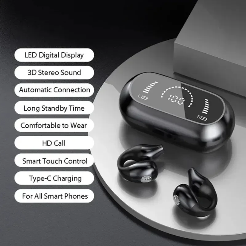 Sunfler TWS Wireless Headphones Bluetooth 5.2 Bone Conduction Earphones Earclip Design Touch Control LED In Ear Earbuds Sports Headsets