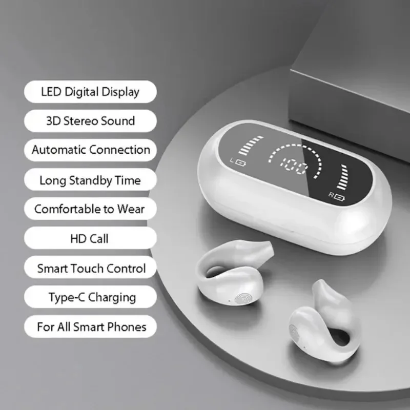 Sunfler TWS Wireless Headphones Bluetooth 5.2 Bone Conduction Earphones Earclip Design Touch Control LED In Ear Earbuds Sports Headsets